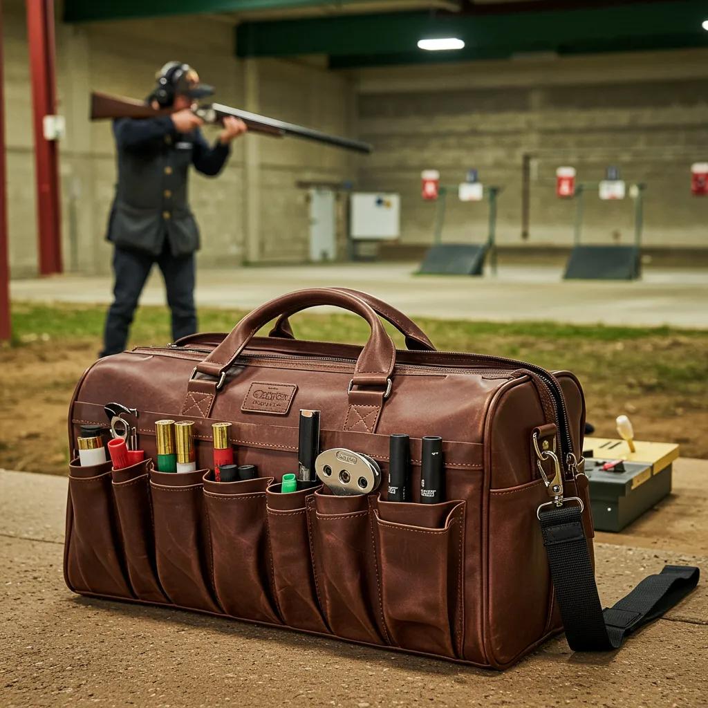 Leather shotgun range bag in use at a shooting range, showcasing organized compartments and shooting activity