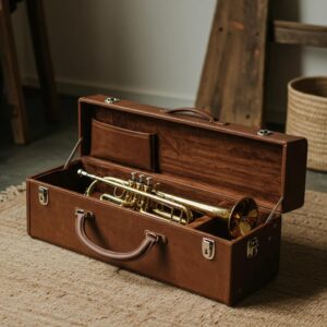 Leather trumpet case with a trumpet inside, showcasing craftsmanship and elegance