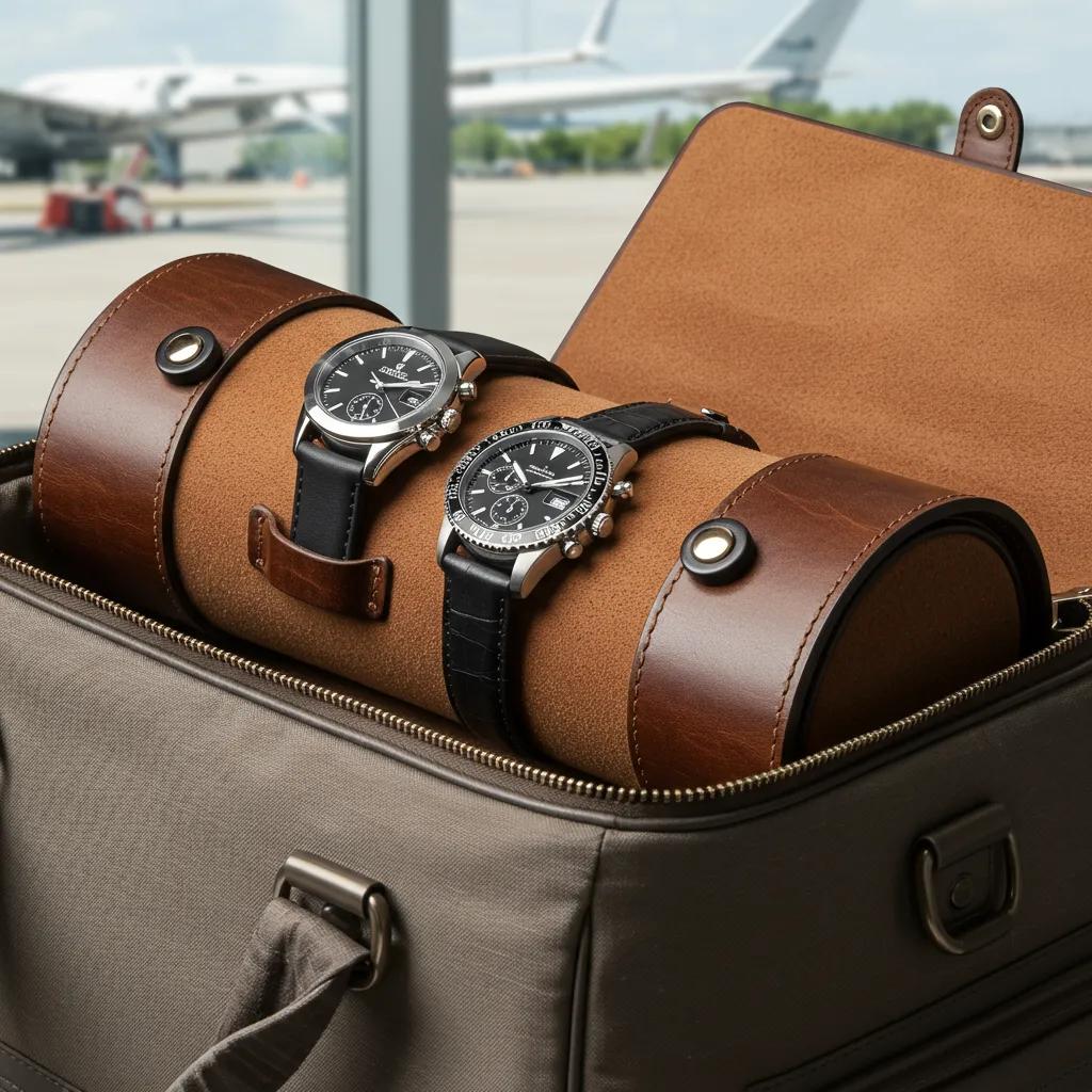 Leather watch roll being packed into a travel bag, highlighting safety and convenience