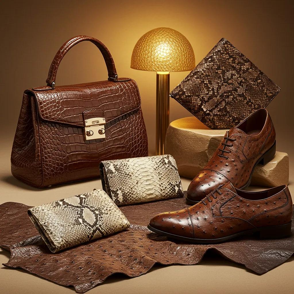 Luxurious exotic leather goods including crocodile, python, and ostrich leather items showcasing their unique textures and colors