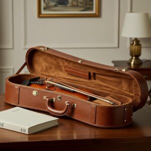 Luxurious leather violin case with a polished violin inside, showcasing craftsmanship and elegance