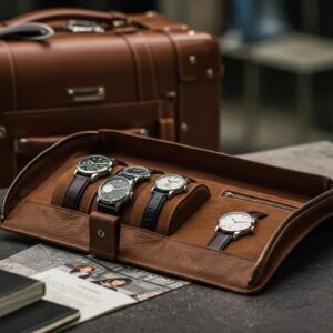 Luxury leather watch roll displaying elegant watches, emphasizing travel and protection