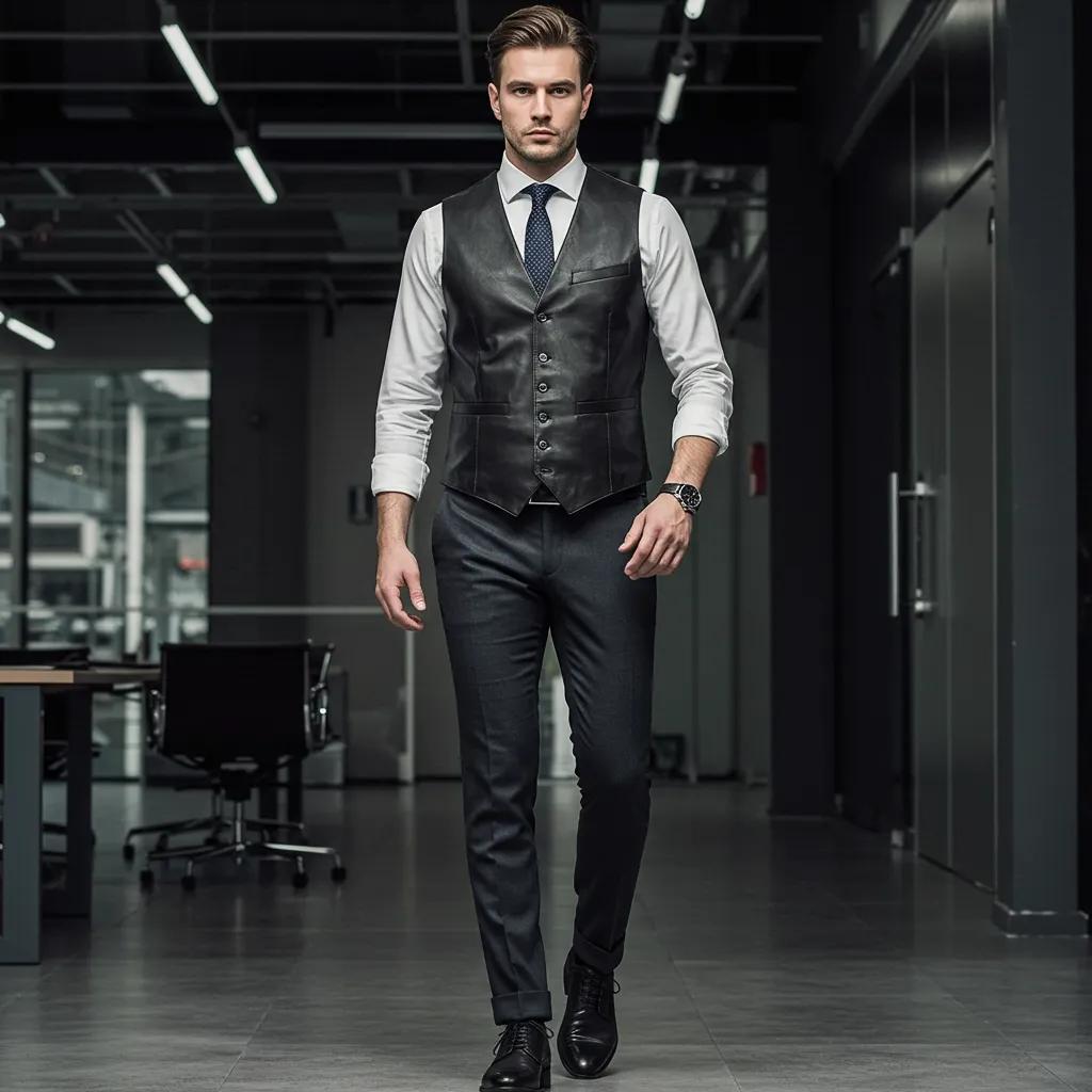 Man wearing a tailored leather vest over a dress shirt for a smart-casual office look