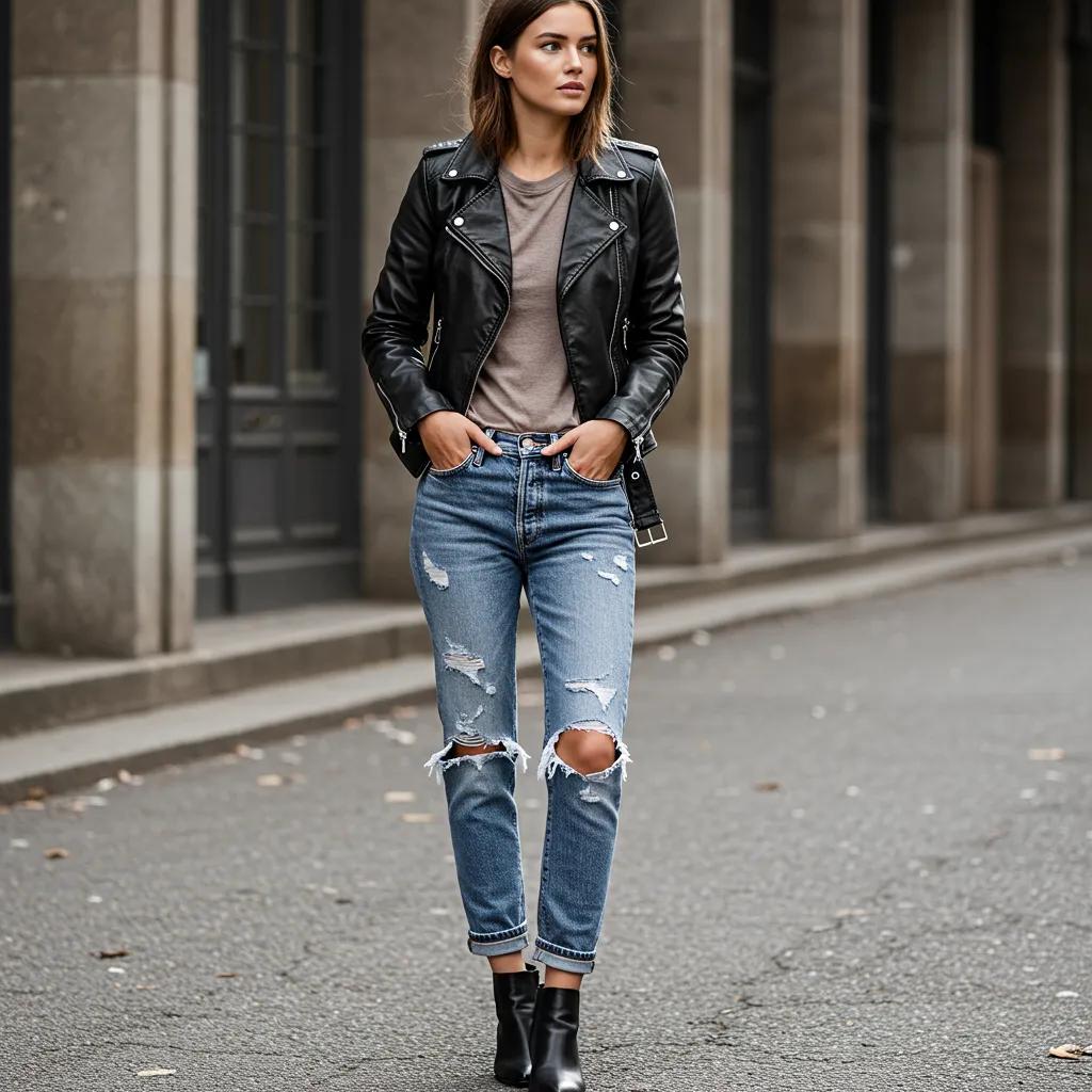Model in a leather biker jacket with casual outfit showcasing urban style