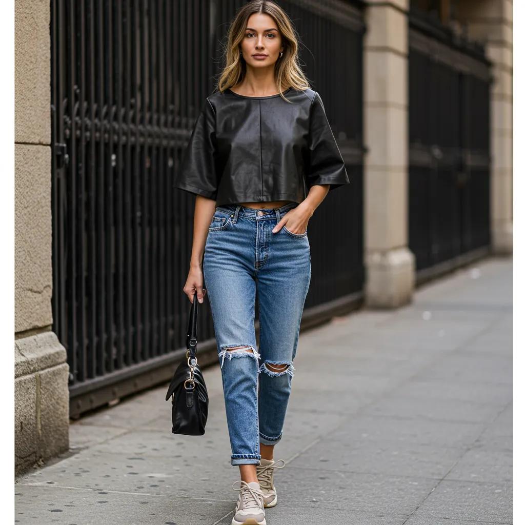 Urban street look: relaxed leather crop top paired with distressed denim