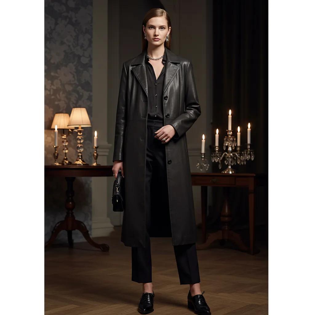 Tailored long leather overcoat styled for evening wear — elegant outfit example