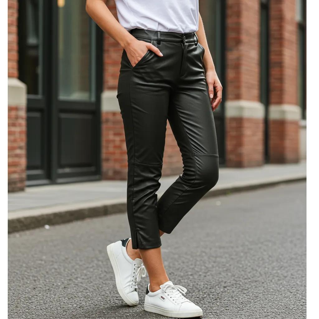 Casual street-style look: cropped leather trousers with a white tee and sneakers