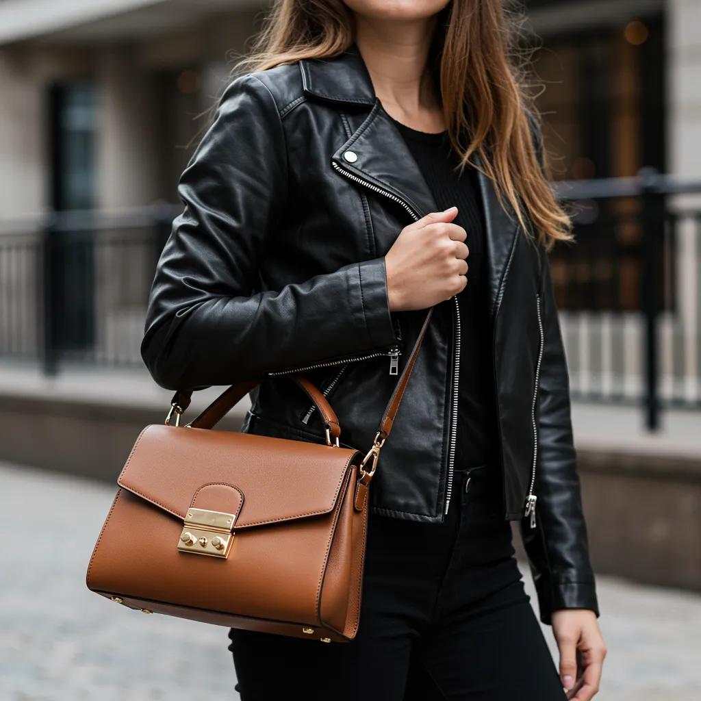 Styling a classic black leather jacket with a brown leather bag in the city