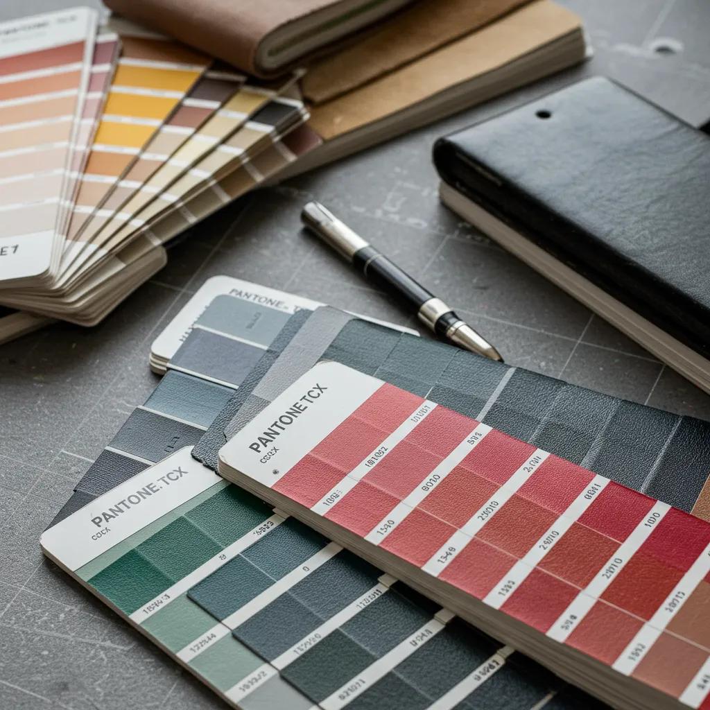 Pantone swatches placed beside leather samples to show the practical link between Pantone and leather matching