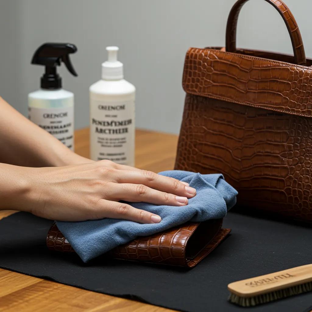 Cleaning a crocodile leather handbag carefully with a soft cloth and mild cleaner in a tidy workspace