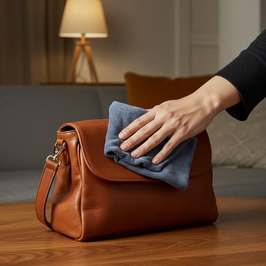 Person cleaning a leather bag with a microfiber cloth in a cozy setting