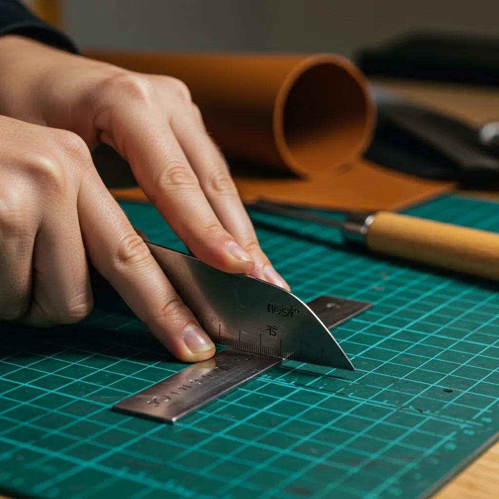 Person cutting leather with a knife and straightedge, showcasing edge finishing tools