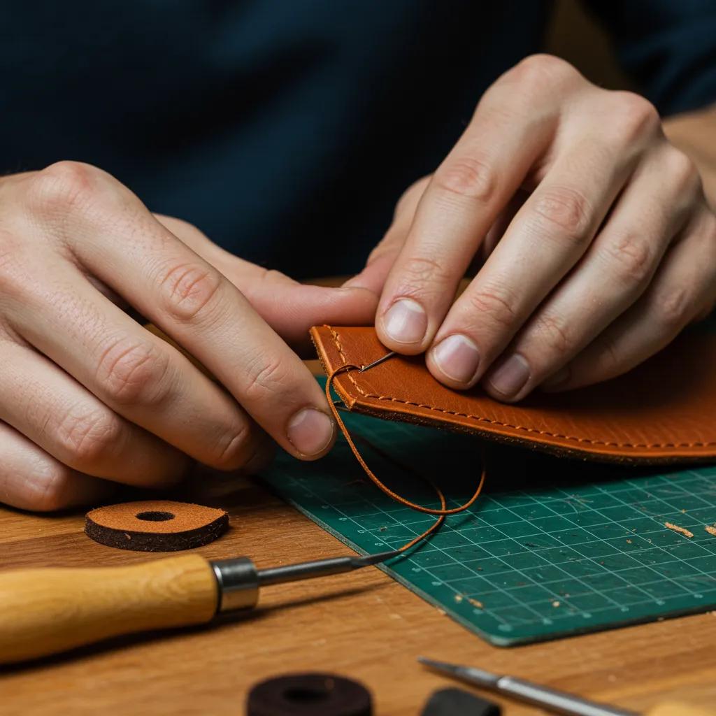 Person repairing leather stitches with tools in a well-lit workspace, emphasizing craftsmanship