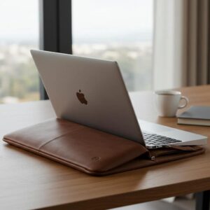 Premium leather laptop sleeve on a wooden desk with a laptop inside, emphasizing professional style and durability