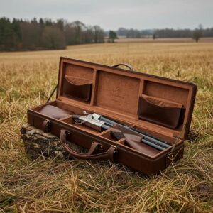 Premium leather shotgun case with a shotgun inside, set in a natural outdoor hunting landscape