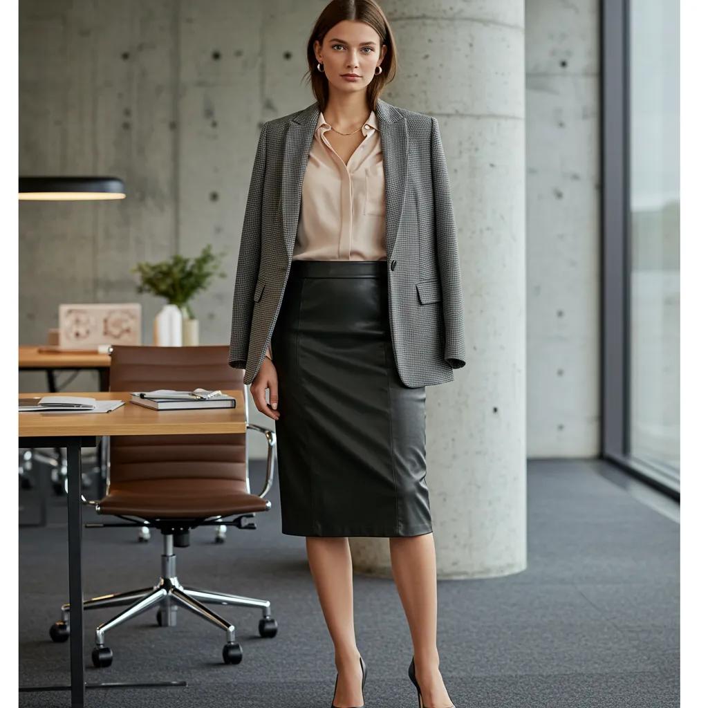 Professional woman in a midi leather pencil skirt and blazer at the office