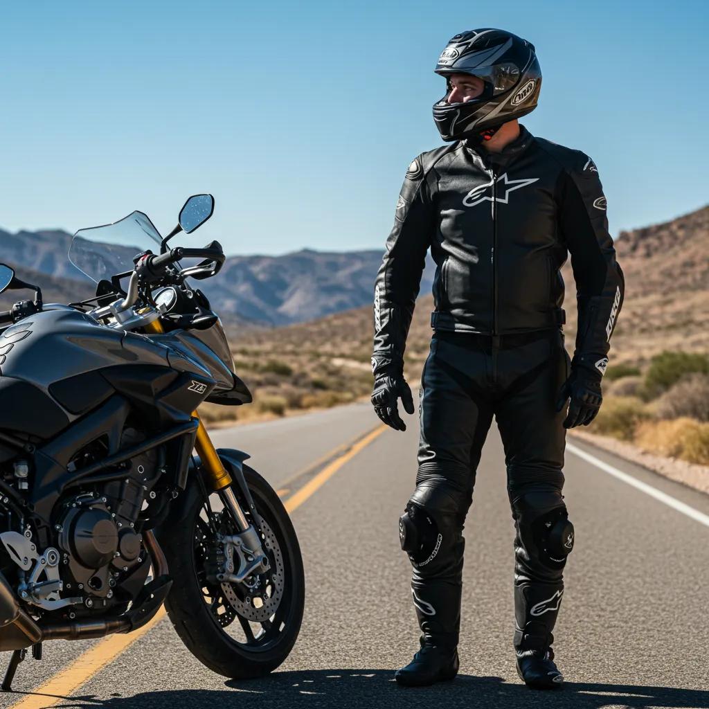 Rider in leather motorcycle gear next to a motorcycle, emphasizing safety and adventure