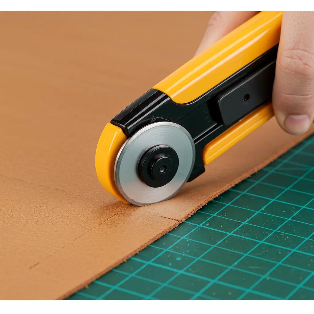 Rotary cutter rolling across a thin leather panel to show smooth, precise cutting