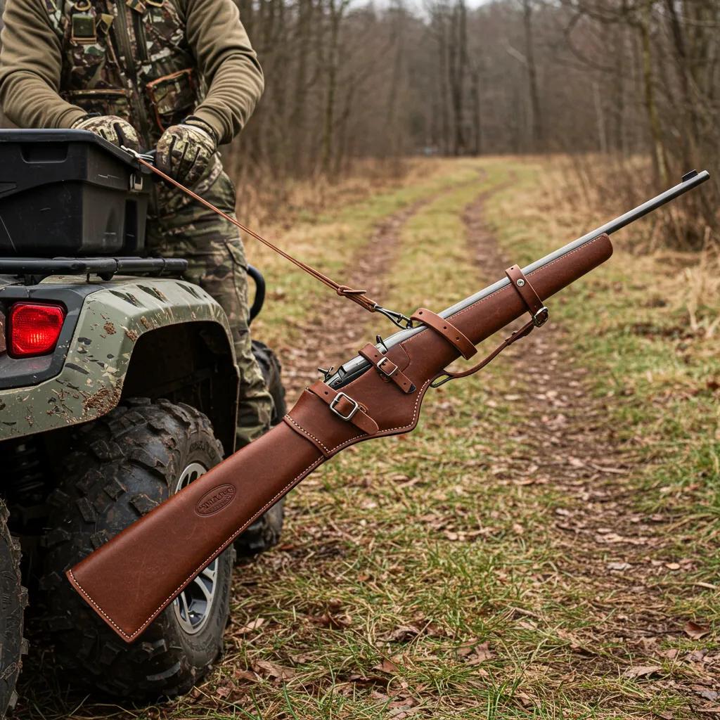 Rugged leather rifle scabbard mounted on an ATV in a field, demonstrating durability in outdoor conditions