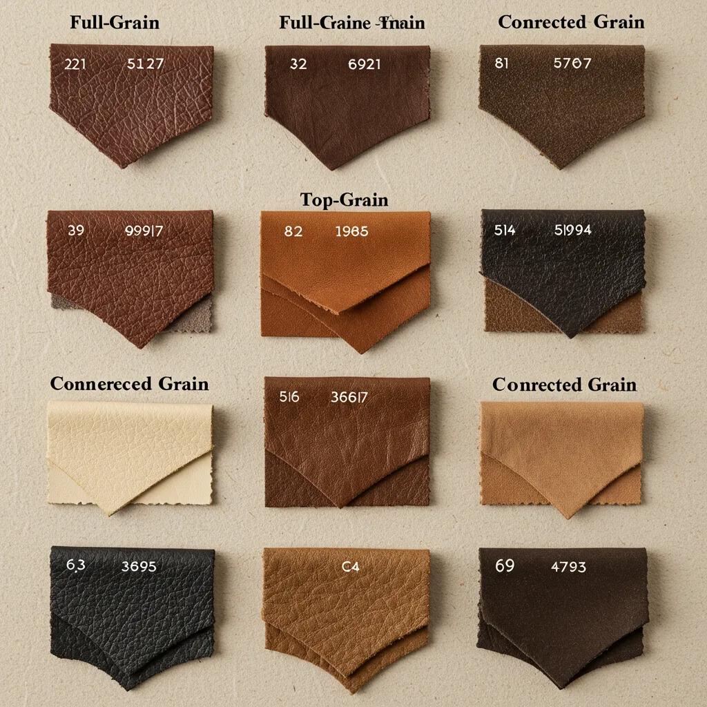 Sample swatches showing full-grain and top-grain leather differences