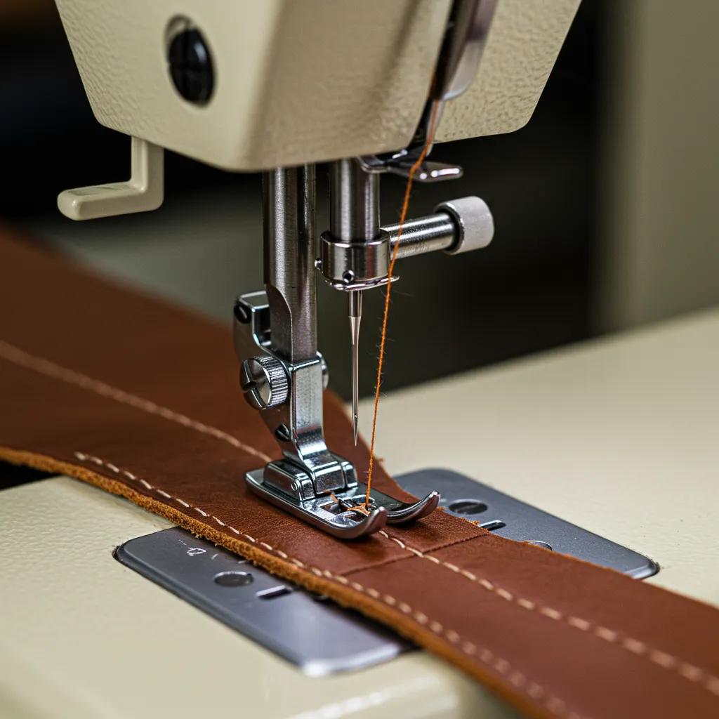 Sewing machine for leather in action, showing components and leather being stitched