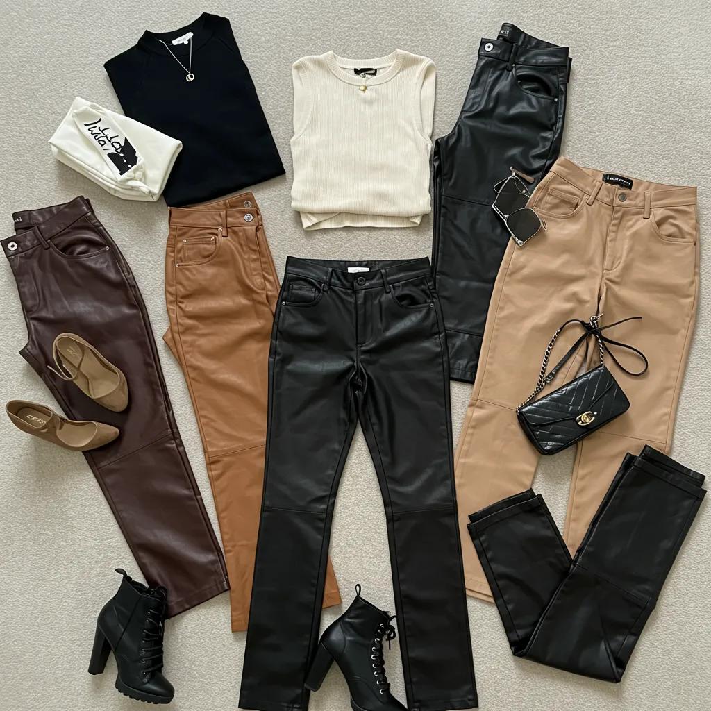 Stylish flat lay of leather trousers with tops and accessories showcasing modern outfit ideas