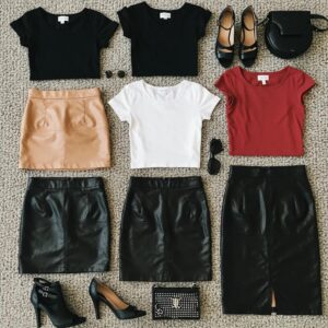 Stylish flat lay of mini, midi, and maxi leather skirts with complementary tops and accessories