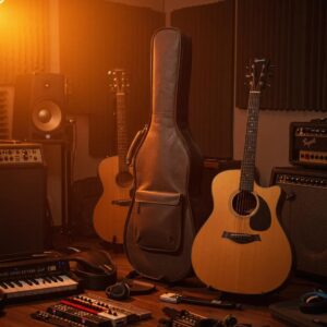 Stylish leather guitar gig bag in a music studio with an acoustic guitar inside