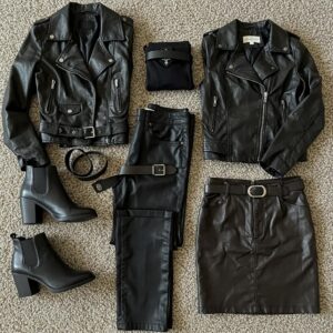 Stylish leather outfits including a jacket, pants, and skirt showcasing versatility and fashion