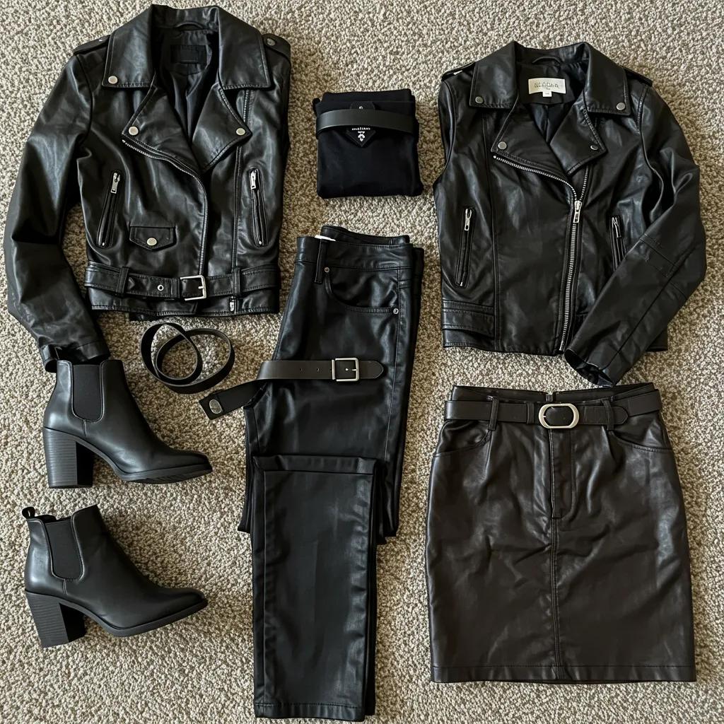 Stylish leather outfits including a jacket, pants, and skirt showcasing versatility and fashion