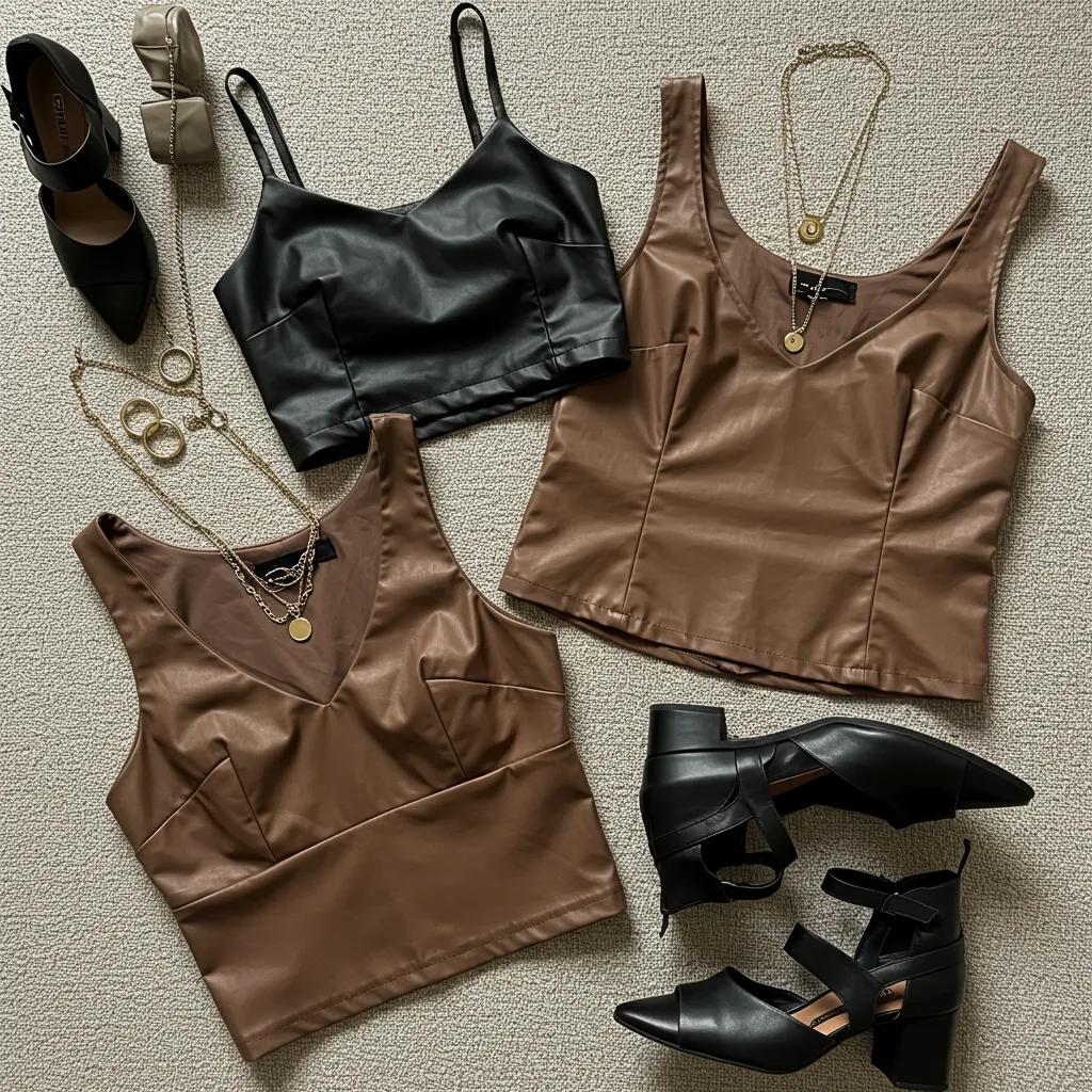 Stylish leather tops including a cropped top, tank, and blouse with accessories on a textured background