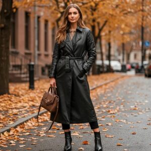 Stylish model in a black leather trench coat, urban autumn setting, showcasing modern fashion trends