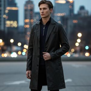 Stylish model in a leather overcoat against a city backdrop, highlighting modern fashion trends