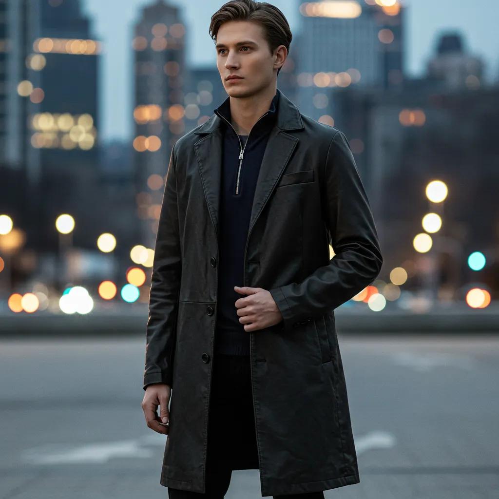 Stylish model in a leather overcoat against a city backdrop, highlighting modern fashion trends