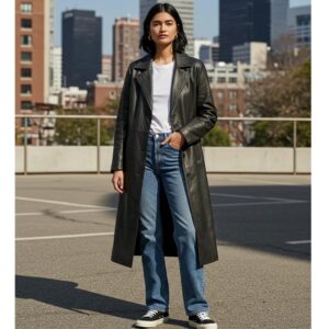 Stylish model in a long leather coat with casual outfit in urban setting