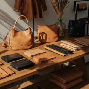Stylish vegan leather products including bags and jackets showcasing sustainable fashion