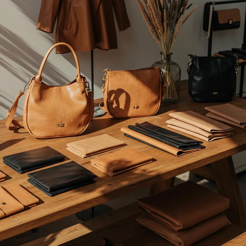Stylish vegan leather products including bags and jackets showcasing sustainable fashion