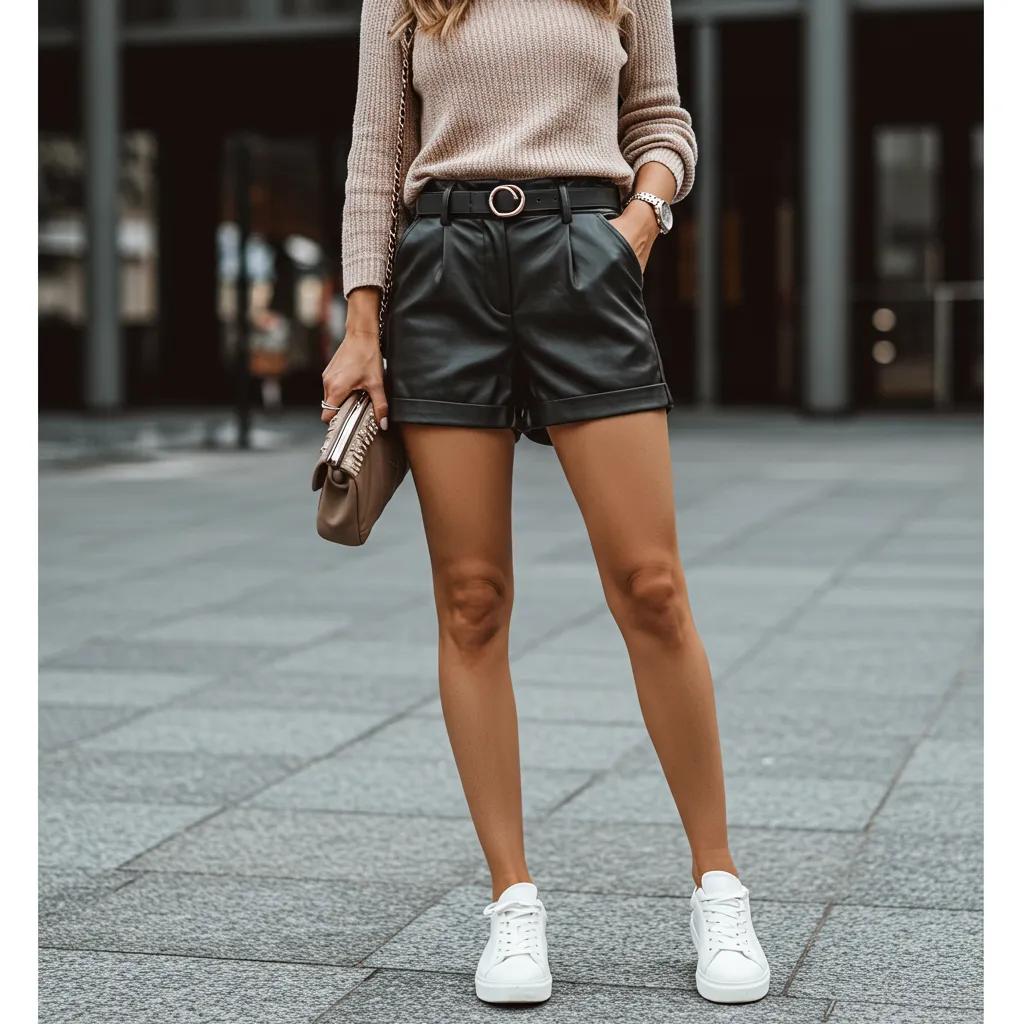 Stylish woman in leather shorts and knit top in an urban setting, showcasing versatile outfit ideas