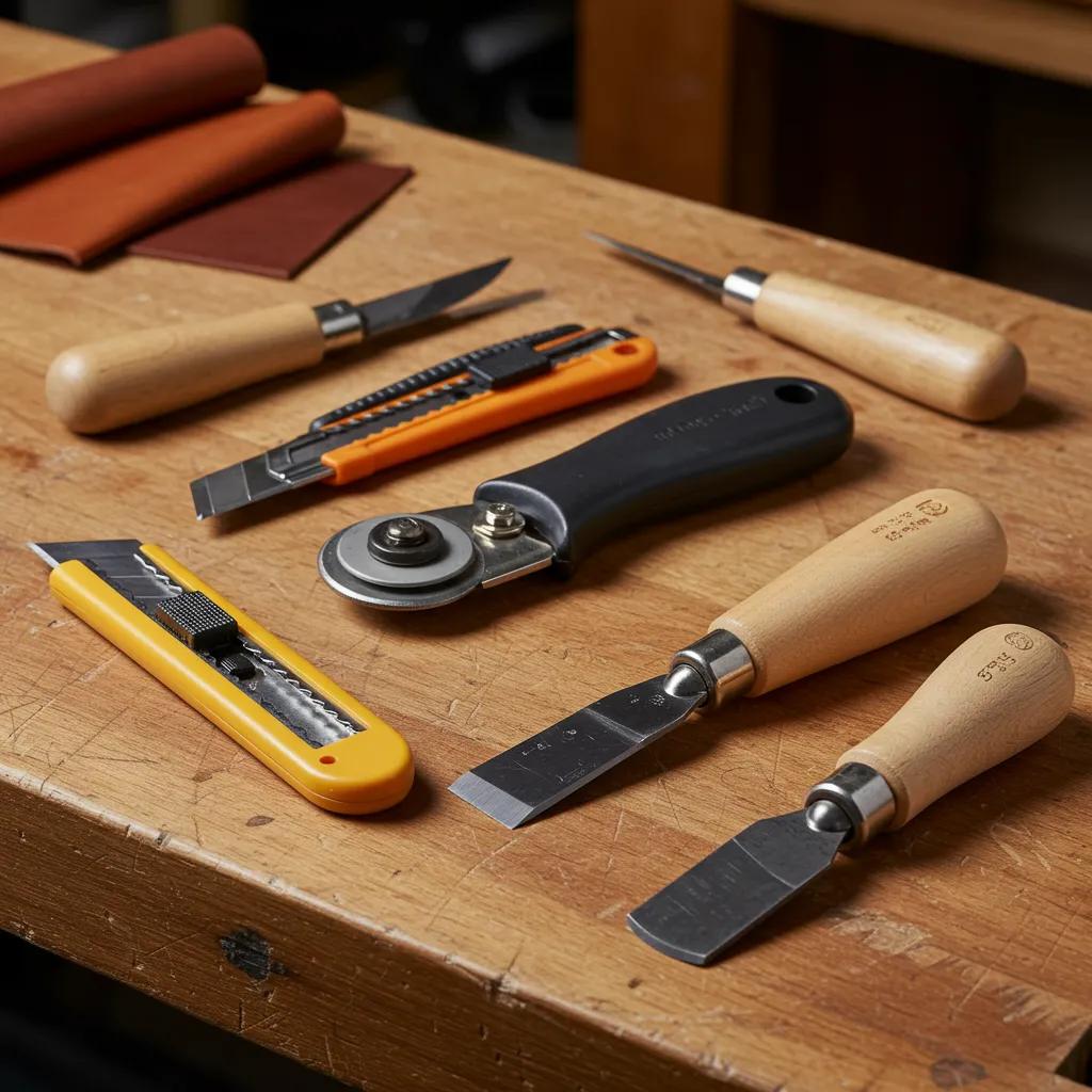 Collection of leather cutting tools laid out on a workbench