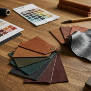 Variety of leather swatches in different colors on a wooden table, emphasizing craftsmanship and style
