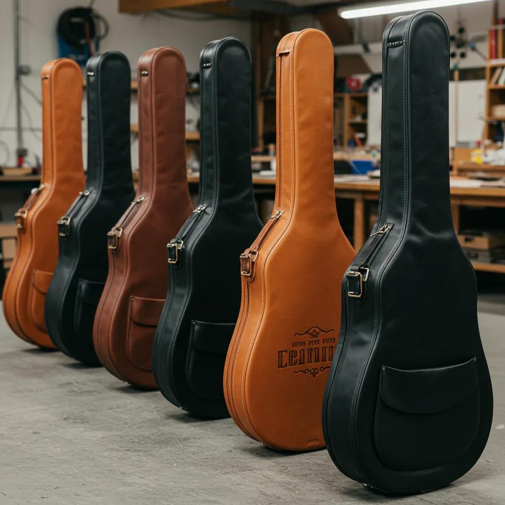 Various customized leather guitar gig bags showcasing different designs and finishes
