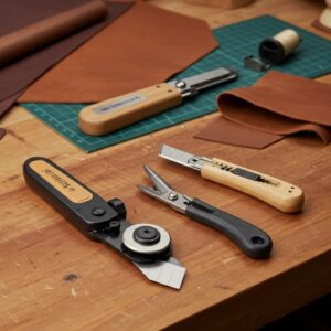 Various leather cutting tools including rotary cutter, shears, and utility knife on a workbench