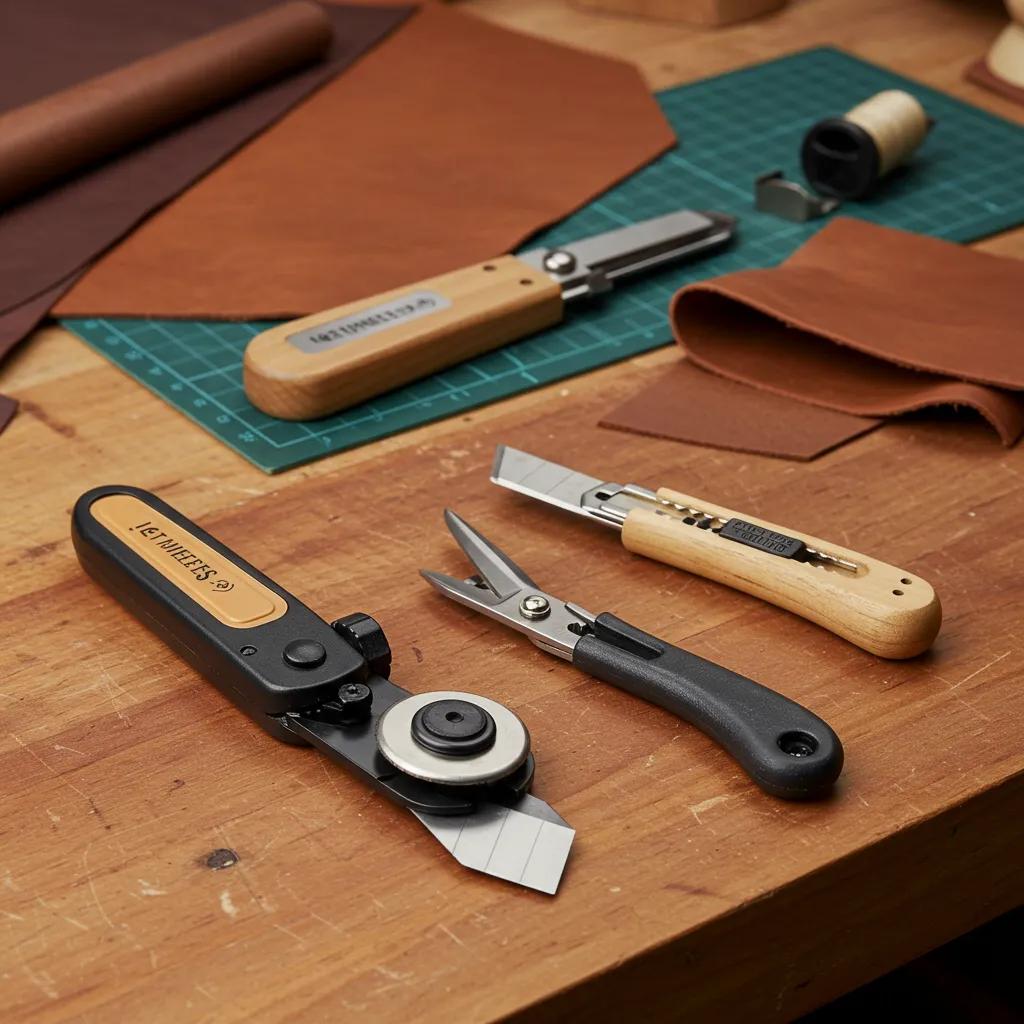 Various leather cutting tools including rotary cutter, shears, and utility knife on a workbench