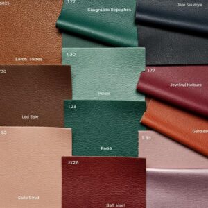 Vibrant leather color swatches for 2025 showcasing earthy tones, jewel hues, pastels, and metallics