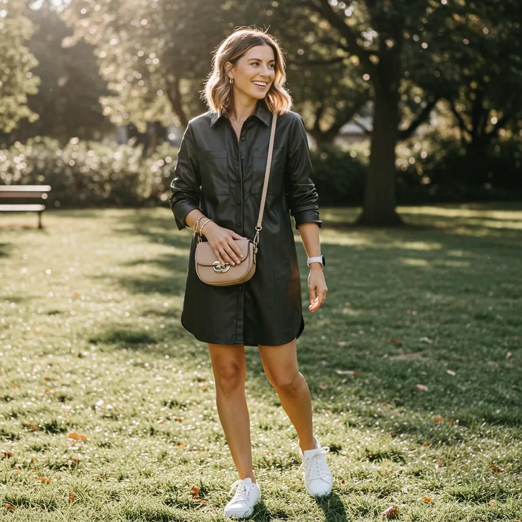 Casual leather shirt dress styled for daytime — relaxed, comfortable and stylish