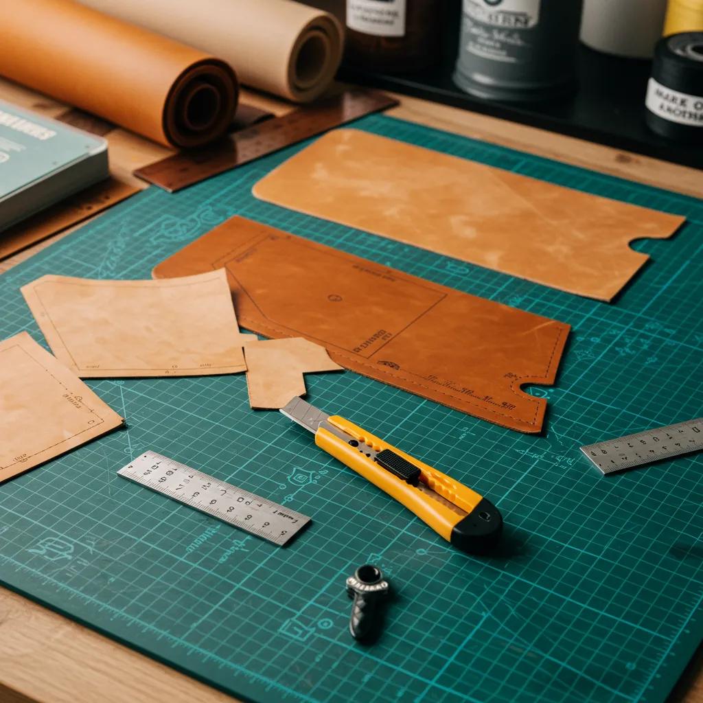 Workspace with DIY leather design templates, tools and leather pieces for crafting